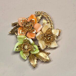 Vintage 1950's Corocraft Signed Brooch Flower Bouquet Petals Milk Glass